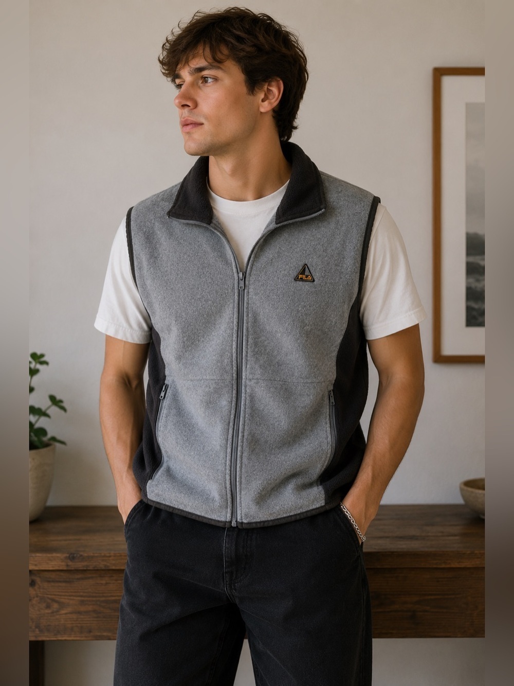 Fila Vintage 90s Charcoal and Light Gray Vest Unisex Size M Cozy Outerwear